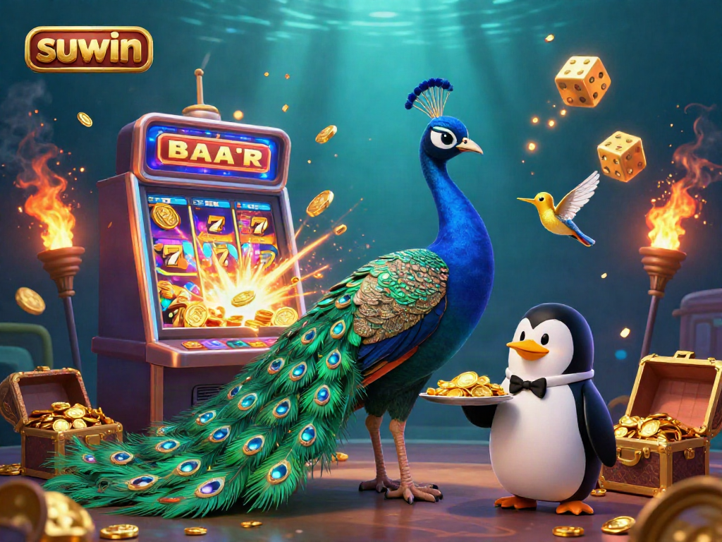 Experience thrilling gaming with suwin as the whimsical peacock welcomes you to a vibrant jackpot scene.