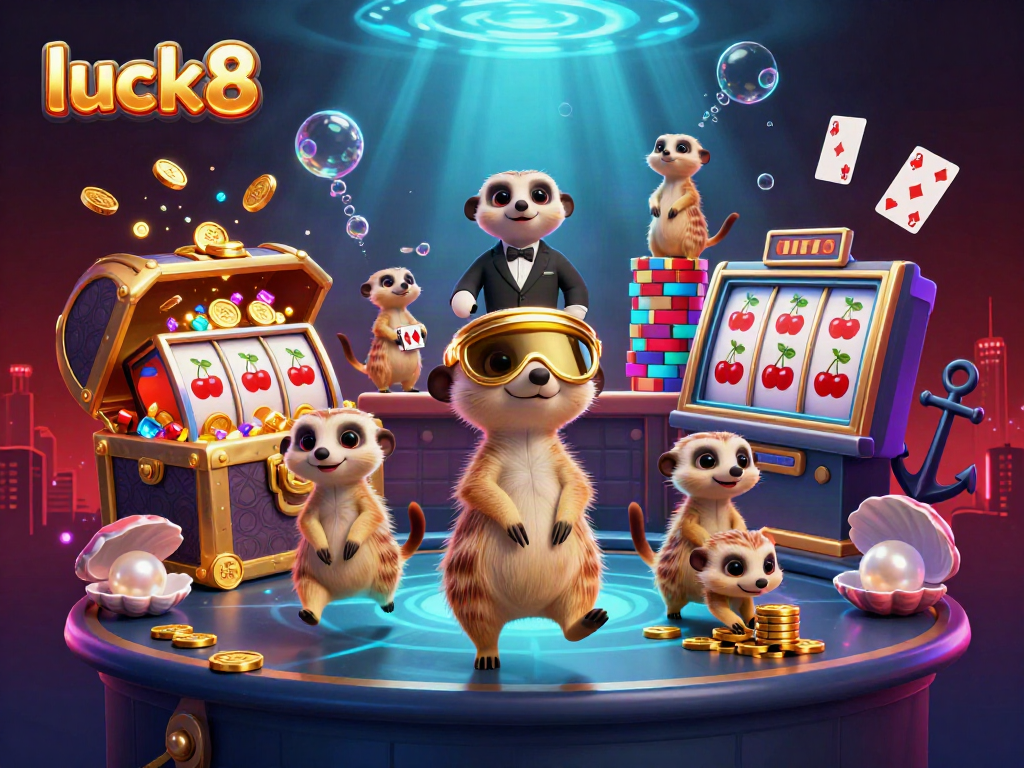 Experience the excitement of luck8 with meerkats operating a vibrant casino scene filled with gold coins and colorful gems.