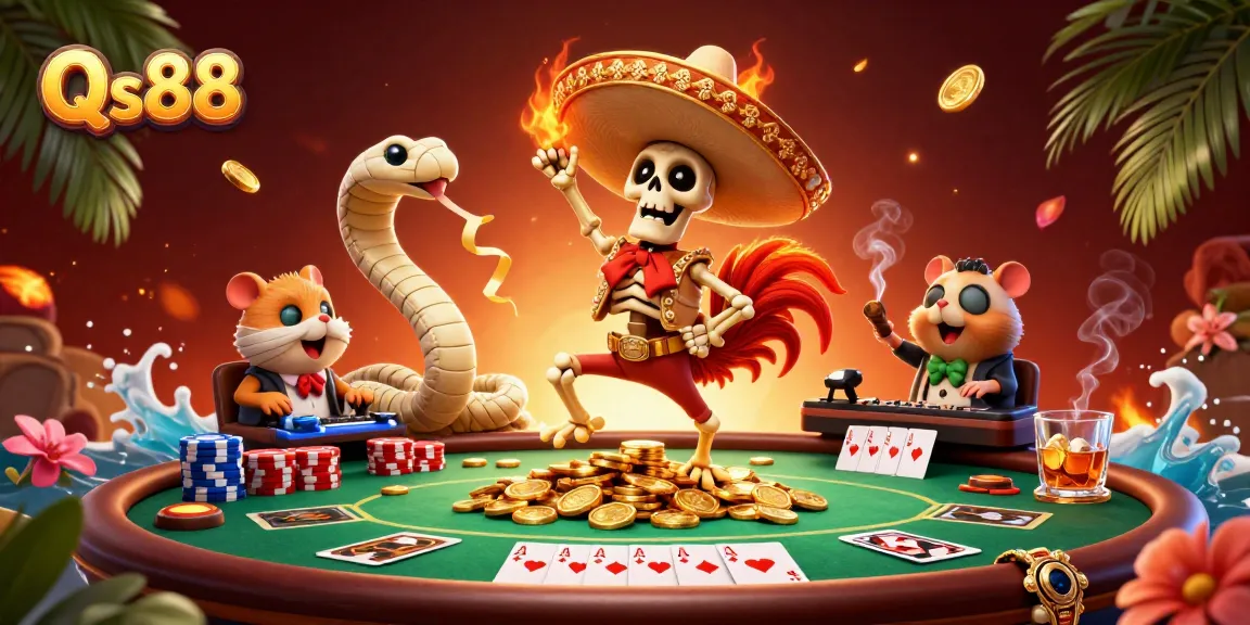 Experience thrilling gameplay with Qs88 as a mariachi rooster dances on golden coins in a vibrant casino scene.