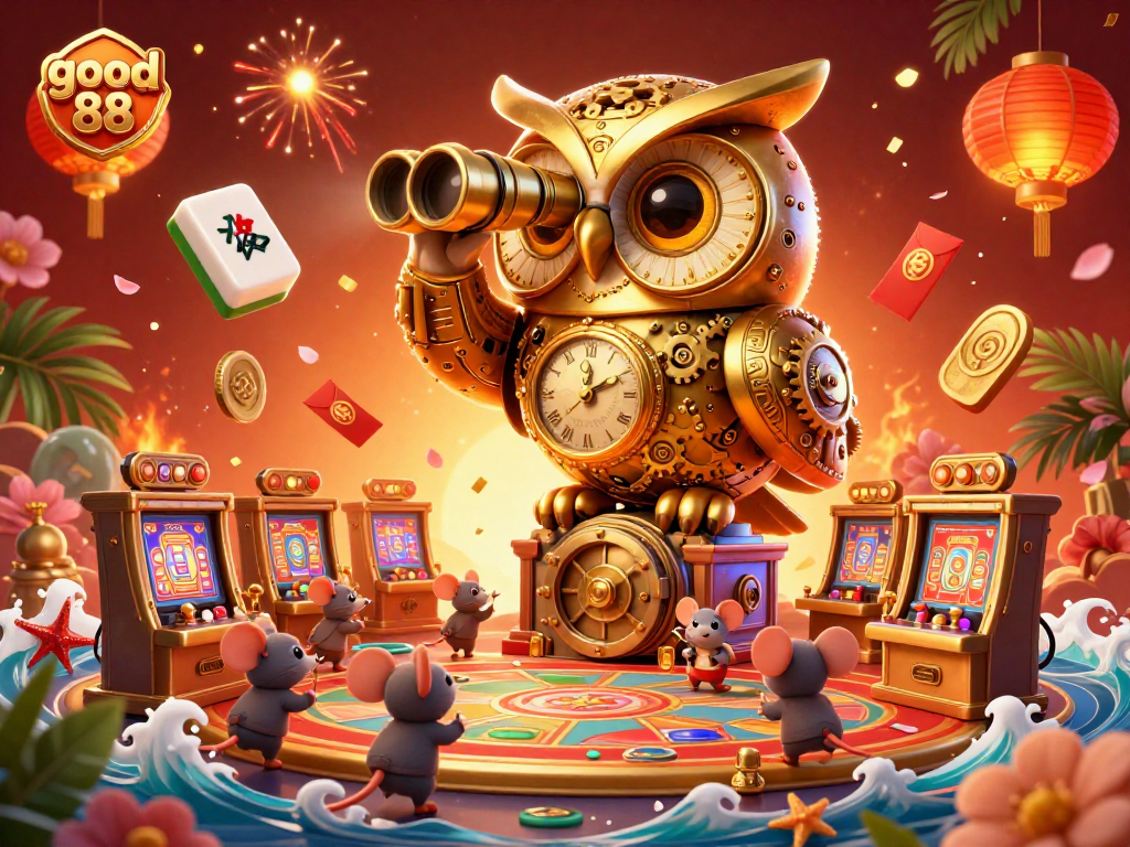 Experience the excitement of good 88 with vibrant casino elements and a whimsical owl among slot machines.