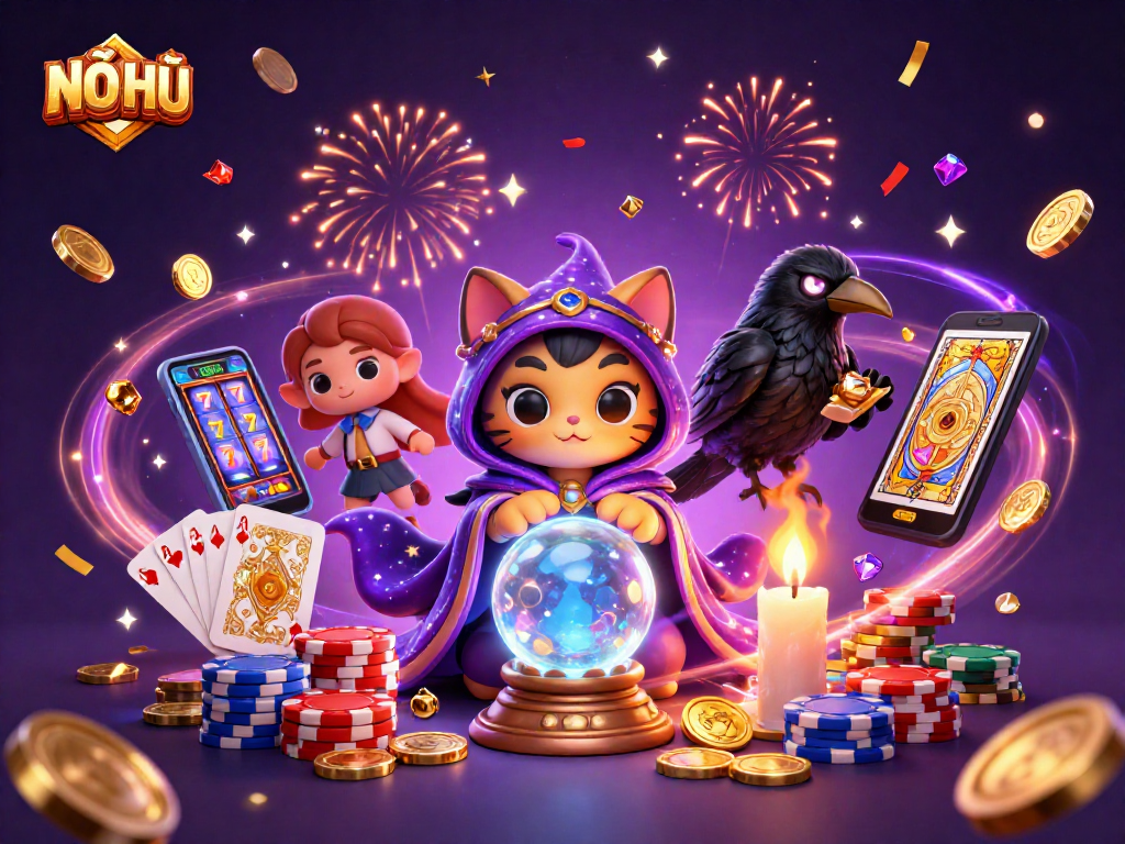 NỔ HŨ spins the jackpot with vibrant casino elements in a thrilling illustration.