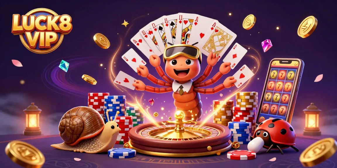 Experience the thrill of LUCK8 VIP with a vibrant and engaging casino scene filled with animated characters and game elements.