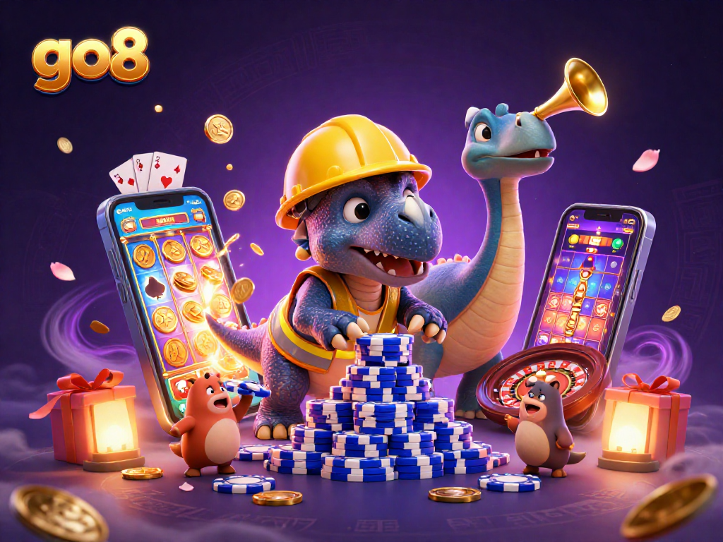 Experience thrilling gameplay at Go8 as a triceratops builds a poker chip pyramid amidst casino excitement.