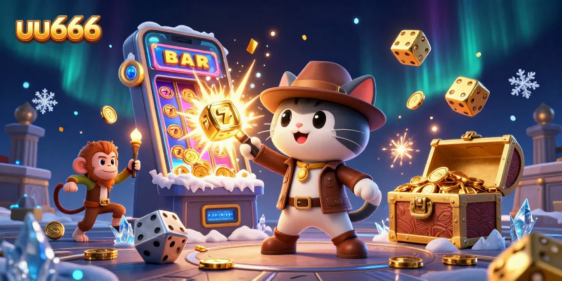 uu666 showcases a thrilling casino scene with a cartoon archaeologist cat unveiling treasures surrounded by jackpot elements.
