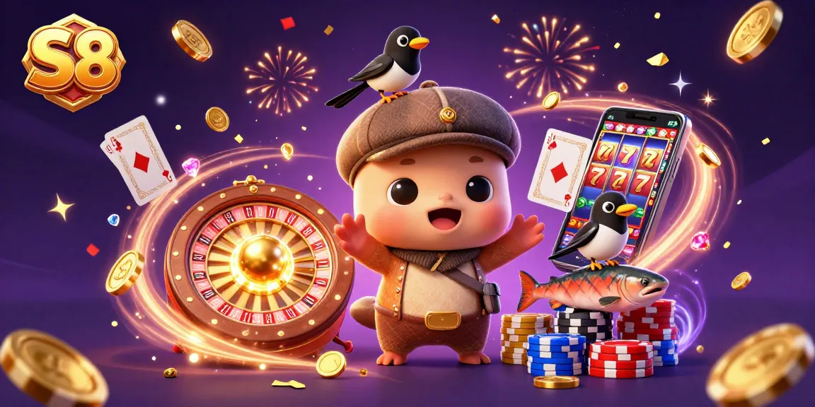 S8 brings luck with 3D Nessie and a playful magpie amidst cascading gems and coins.