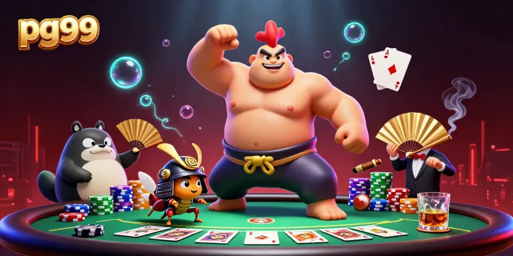 Engage with PG99's thrilling poker scene featuring vibrant characters and game elements.