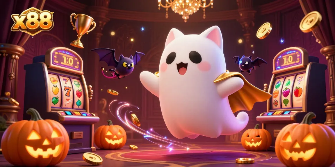 X88 captivates players with engaging online casino games, featuring a spooky 3D ghost cat and vibrant casino elements.
