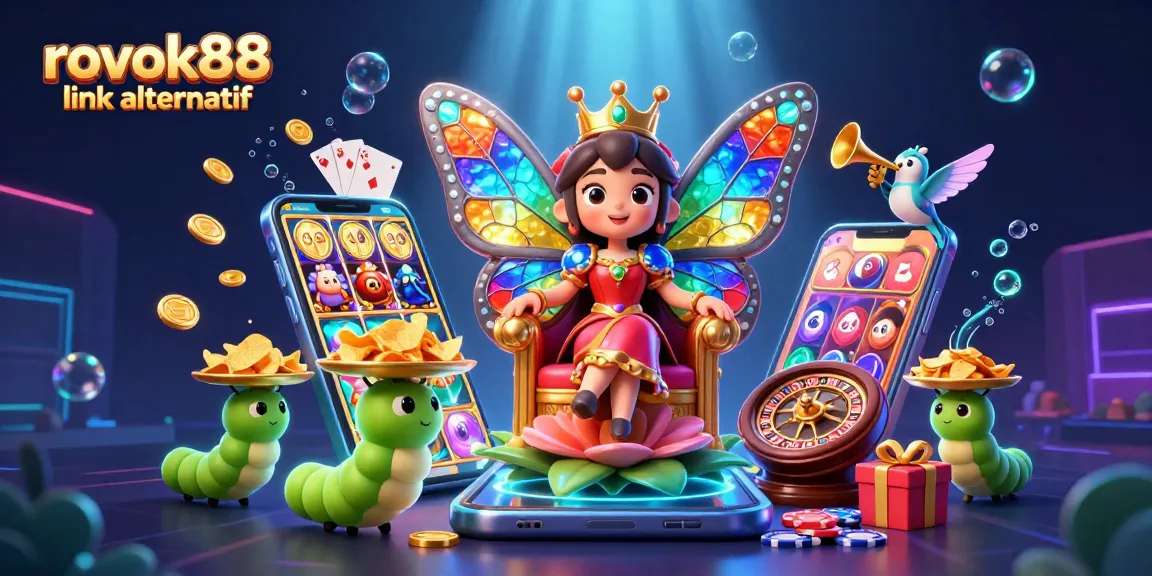 Spin the reels at rokok88 link alternatif with a vibrant casino scene featuring a butterfly queen and gaming elements.