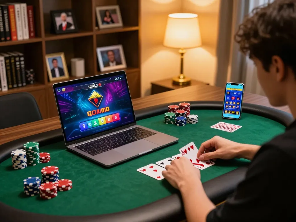 Engaging in a poker game on a laptop at home while exploring vua99 gaming strategies.