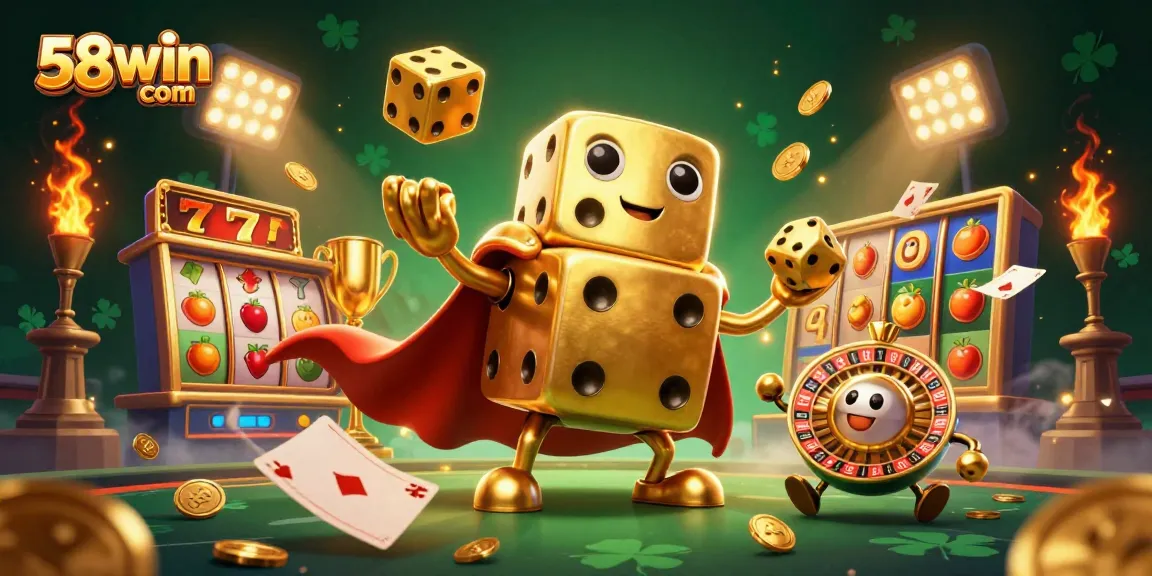 Engage with exciting games at 58win com featuring a dynamic casino scene with golden dice and more.