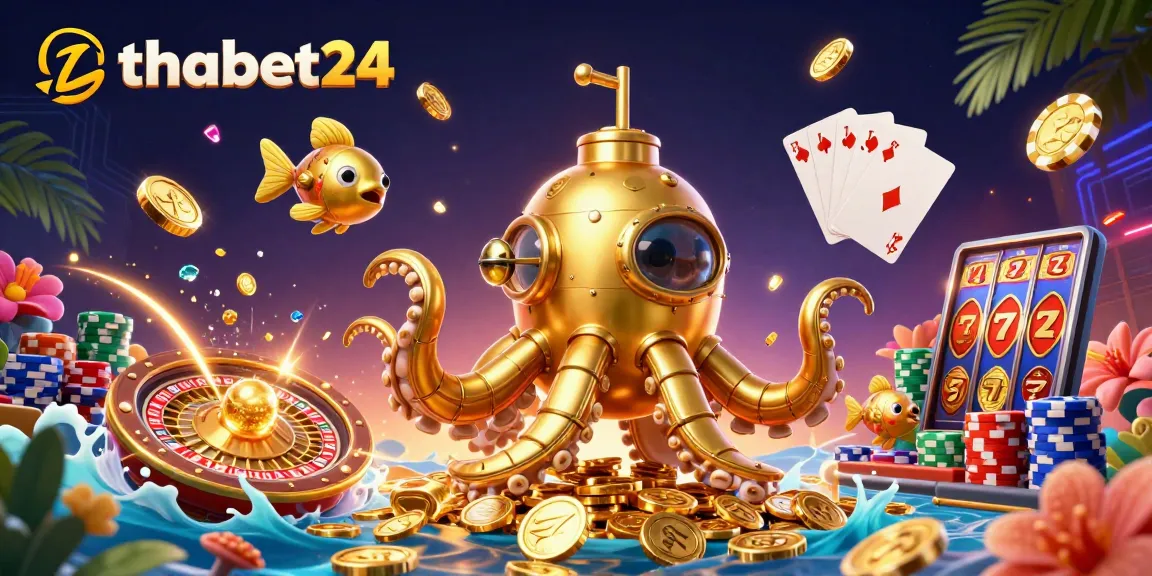 Experience thrills with thabet24's golden kraken and casino elements in this vibrant 3D illustration
