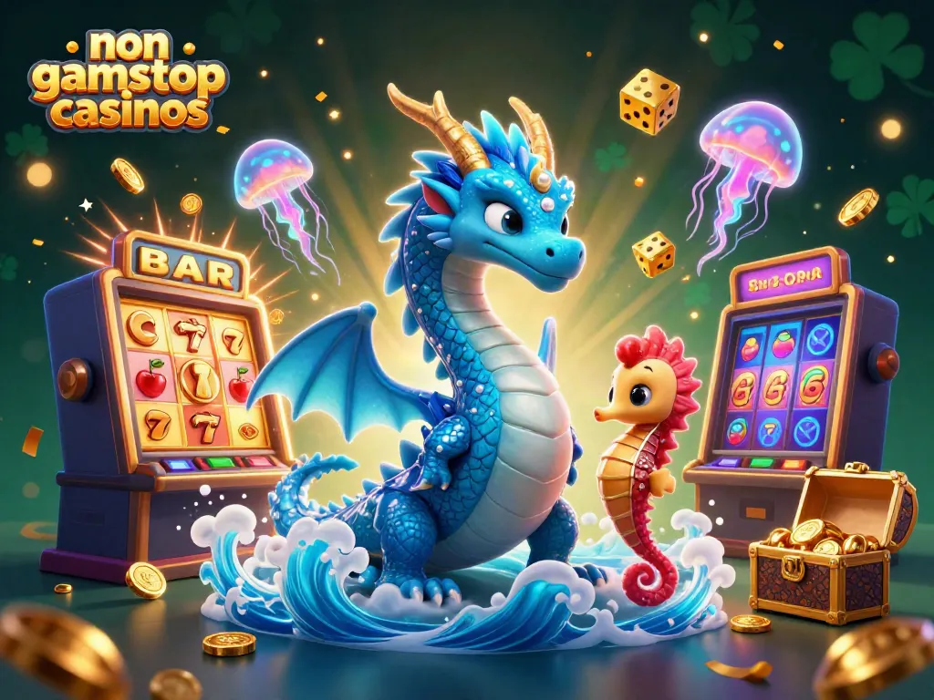 Experience the magic of non gamstop casinos with a vibrant underwater motif featuring a dragon, seahorse knight, and slot machine.
