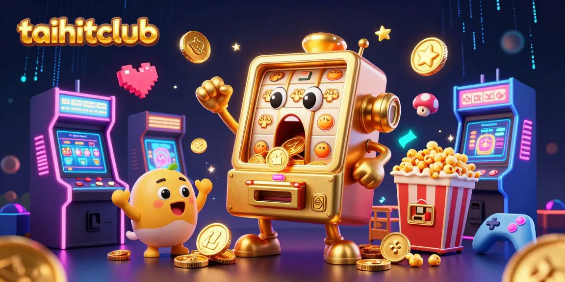 Join the taihitclub adventure with a golden slot machine celebrating a jackpot amidst arcade excitement.
