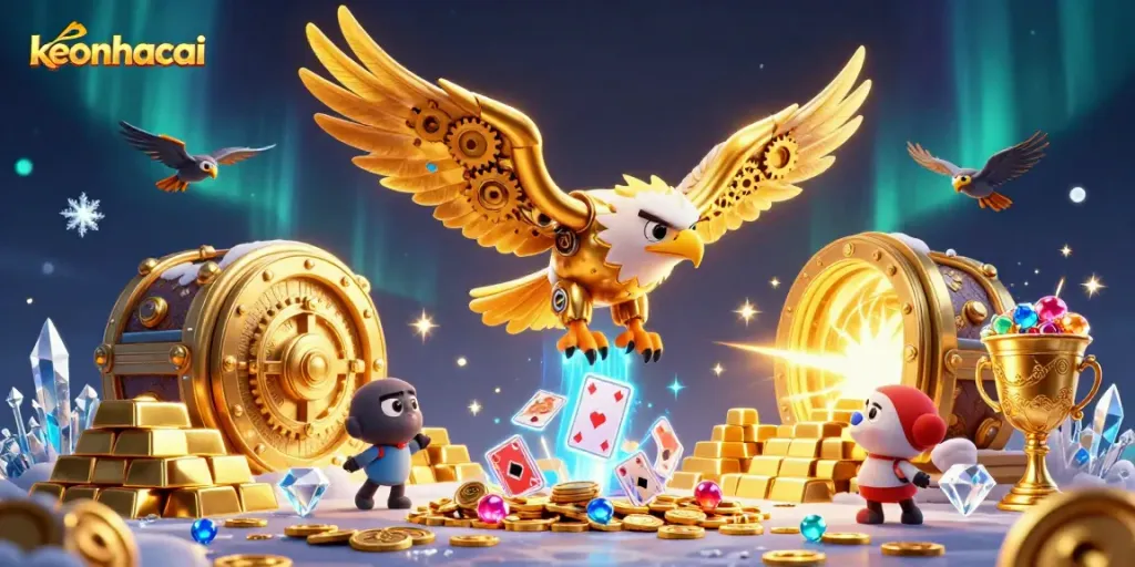 Engage with keonhacai while experiencing the thrill of a cybernetic eagle amidst dazzling casino treasures.