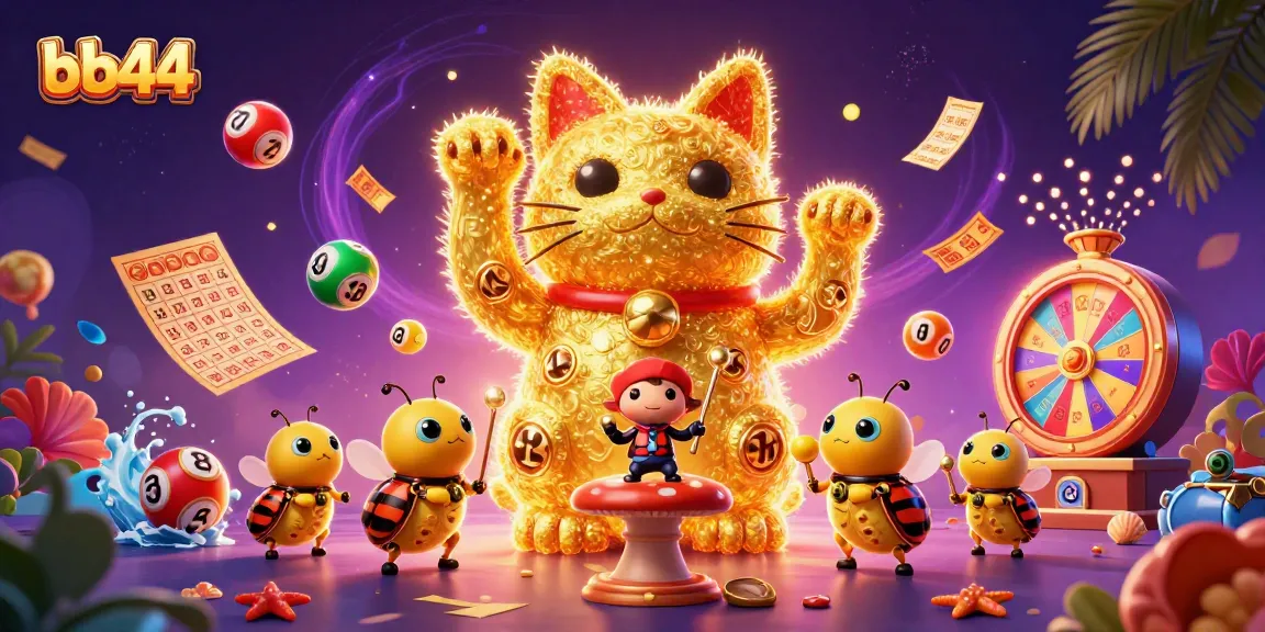 Experience the excitement of bb44 with a vibrant 3D illustration showcasing a lucky cat amidst casino symbols and lottery elements.