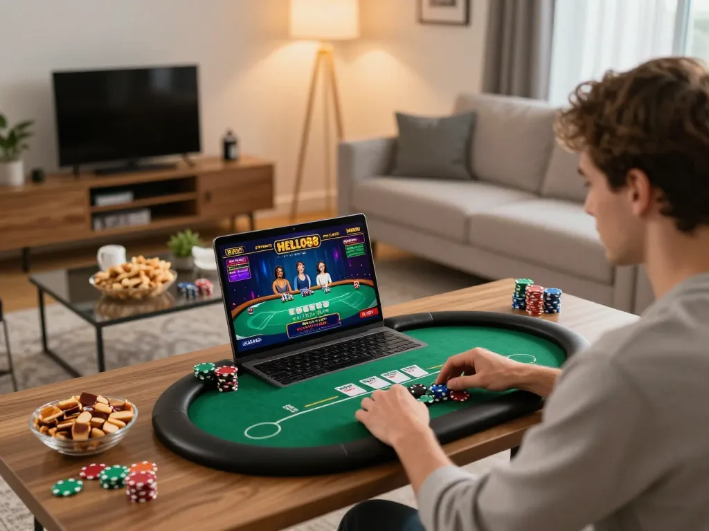 Player enjoying a poker game on HELLO88 online casino platform in a cozy home setting.