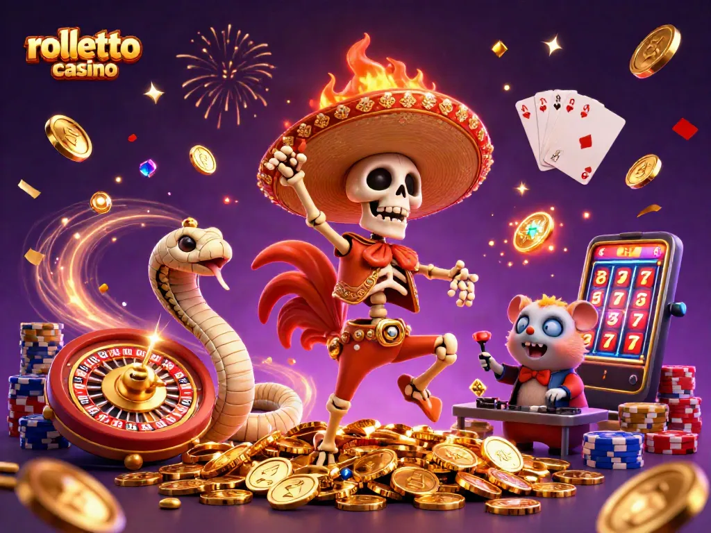 Experience the vibrant rolletto casino world with a festive mix of characters and casino elements.