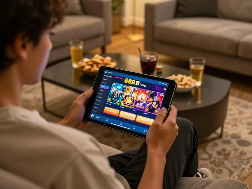Engaging gameplay on 888b trang chủ app in a cozy home setting.