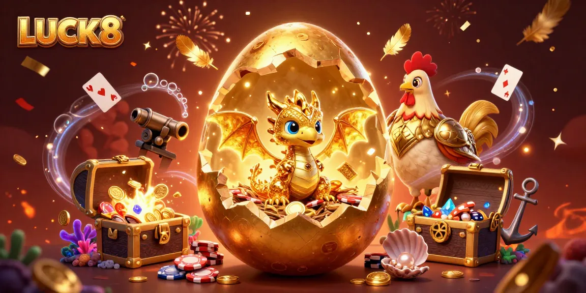 Experience the excitement with LUCK8 as a golden dragon emerges from a poker nest amidst casino treasures.