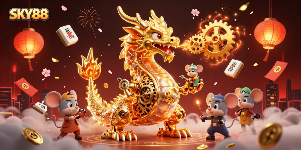 Engage with the thrilling SKY88 slots experience featuring a golden dragon amidst dynamic casino elements.
