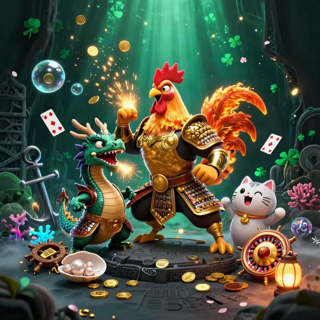 Rooster samurai, dragon hatchling and fortune-cat amid treasure cove coins, coral and blue glow.