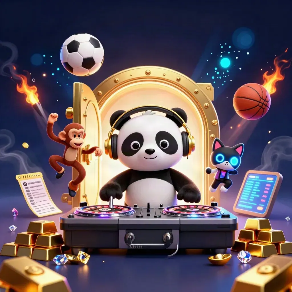 DJ panda, monkey, and kitten by a glowing vault with gold, gems, and flying balls