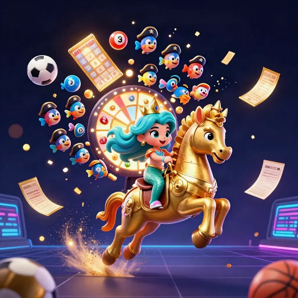Mermaid princess on armored seahorse amid casino balls, prize wheel, tickets, neon grid