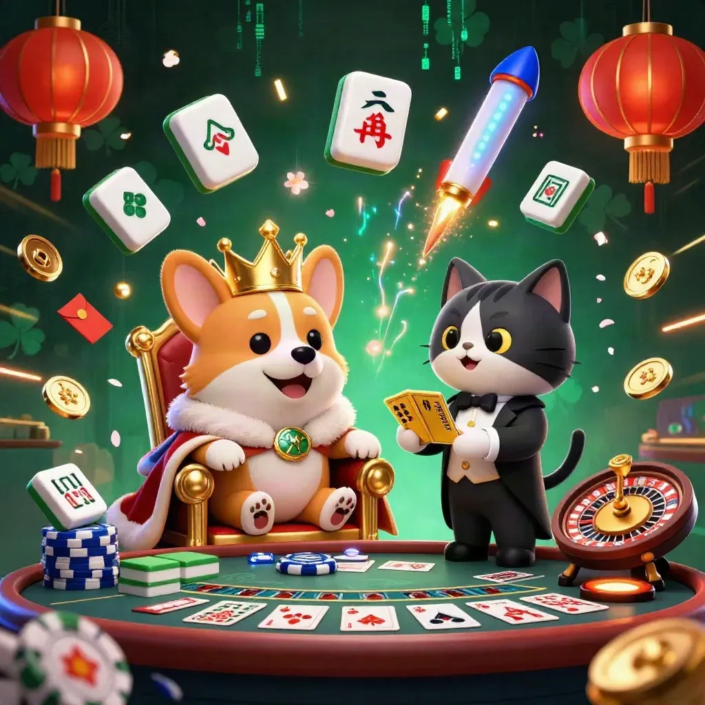 Royal corgi and cat butler in a luxe casino scene with neon effects and gold accents