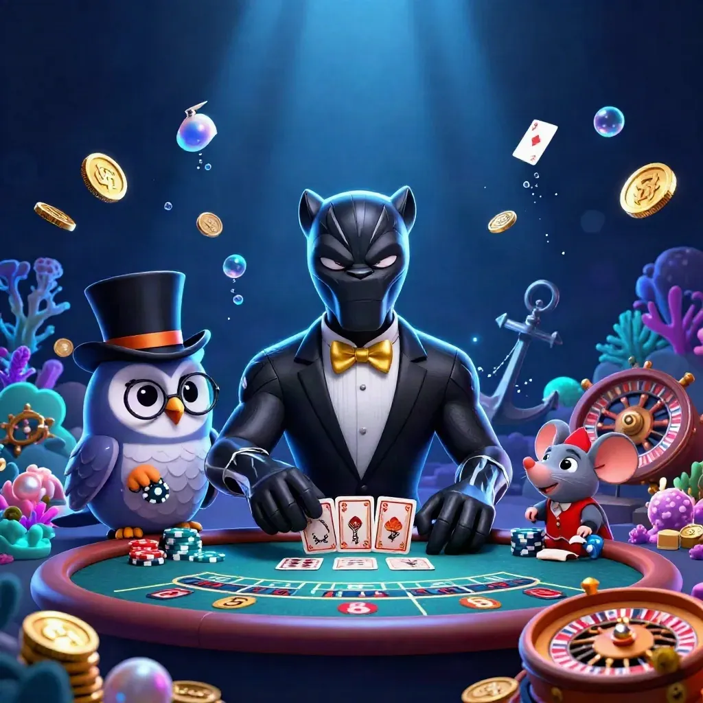 Panther, owl, and mouse in a luxe casino cove with bubbles, coins, and glowing blue lights