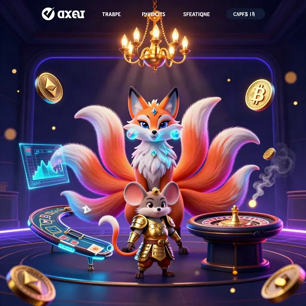 Neon fox spirit and armored mouse amid casino lights, coins, and futuristic effects.