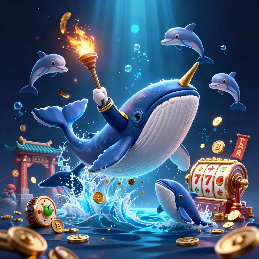 Whale captain and sea creatures burst through coins with casino effects and blue neon glow.