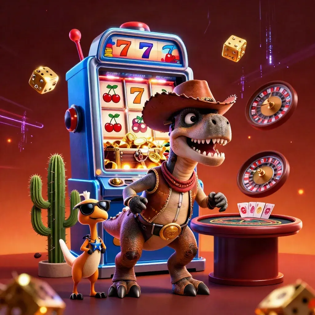 3D cowboy T-Rex trio amid a bursting slot machine, gold, neon glow, and casino luxury