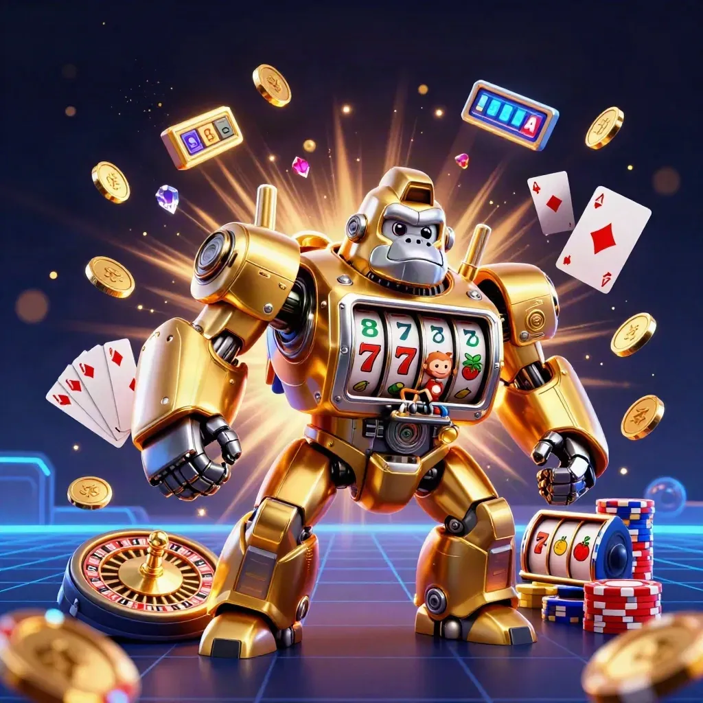 Golden gorilla slot-mech with monkey pilot, coins, gems, chips, roulette wheel, and blue neon glow.