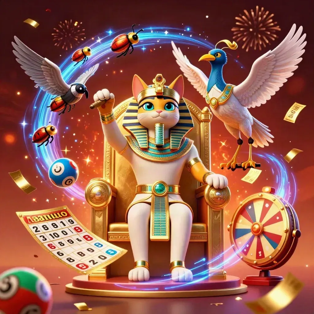 Pharaoh cat on a gold throne with an ibis scribe and gem-winged scarabs in a casino burst