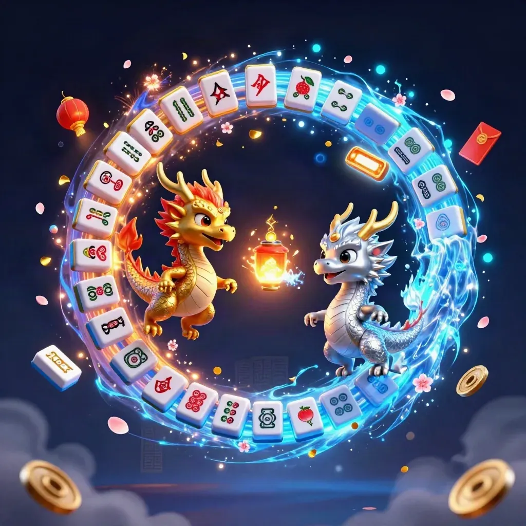 Twin gold and silver dragons form a yin-yang with loot, lanterns, and blue magic