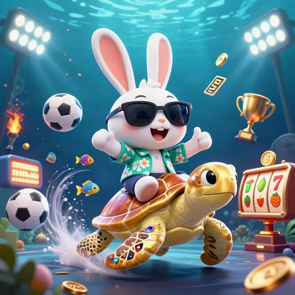 Lucky rabbit rides a golden sea turtle amid coins, balls, floodlights and blue underwater glow.