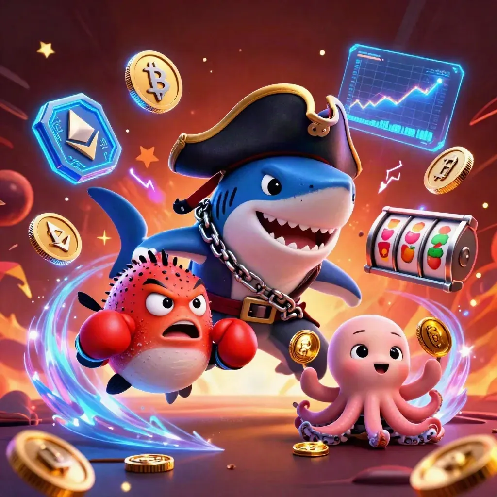 Pirate shark, boxing pufferfish, and coin-juggling octopus amid neon casino effects.