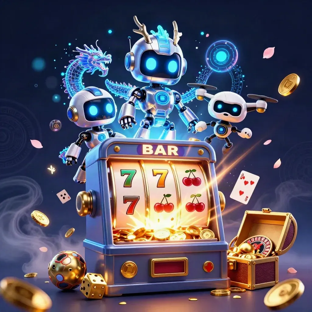 Cyberpunk robot, holographic dragon, and coin drone burst from a slot machine amid gold and blue light