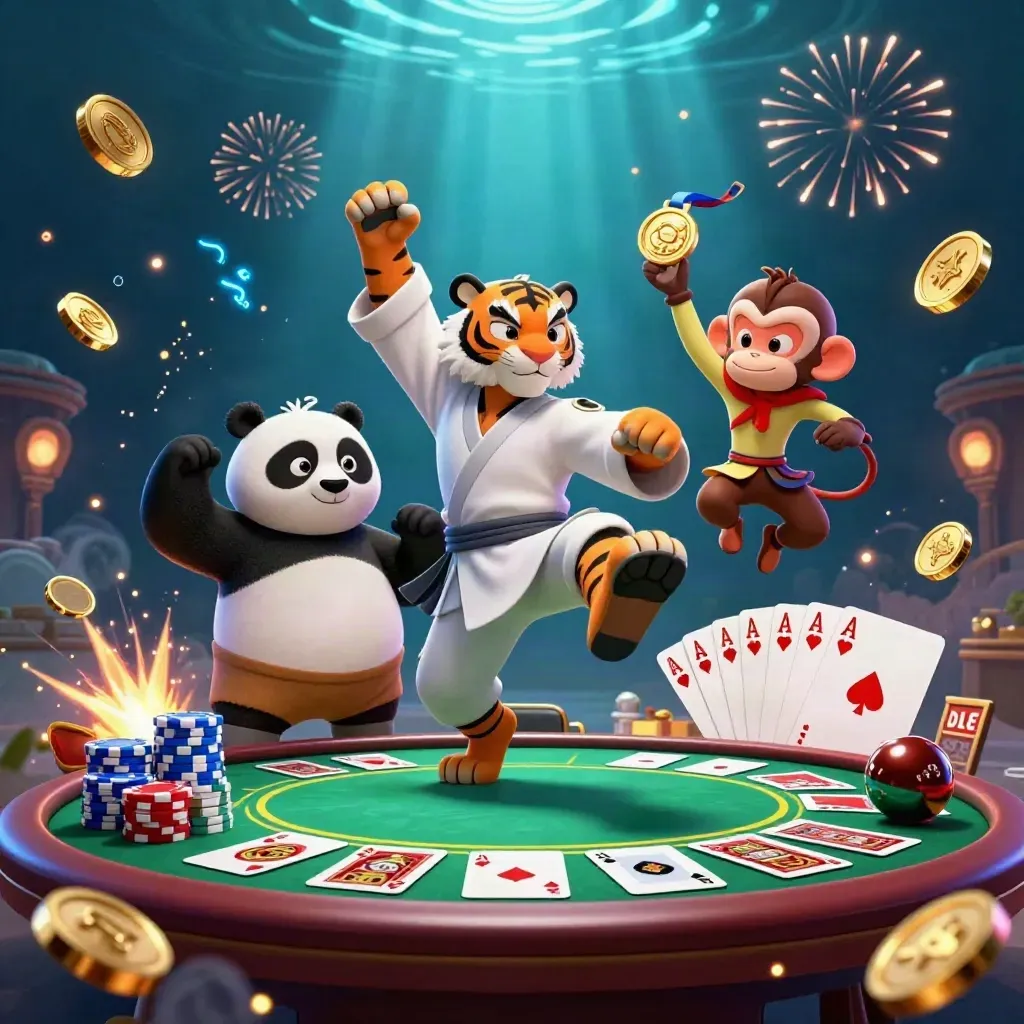 Kung-fu tiger, panda, and monkey amid bursting coins, poker chips, fireworks, and blue casino glow.