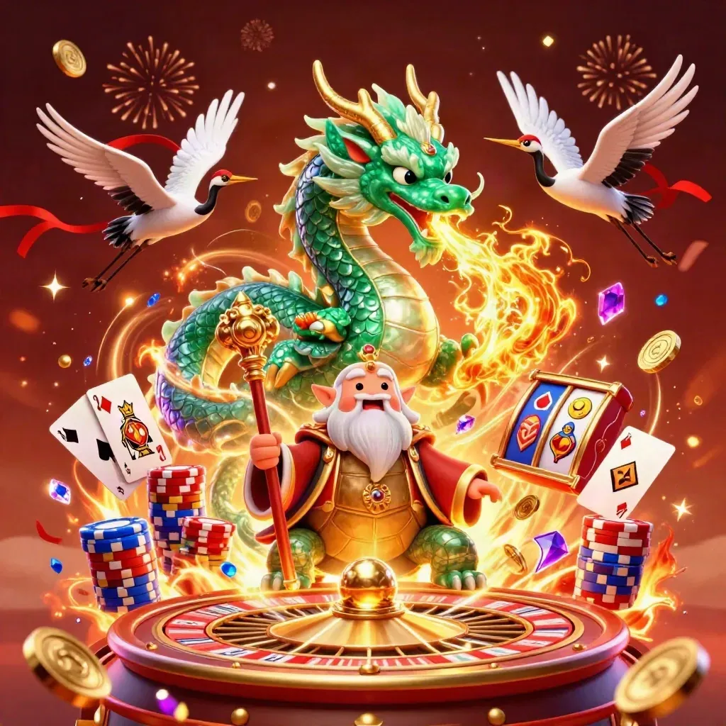 Jade dragon, turtle sage, and cranes amid coins, cards, chips, fireworks, and glowing casino energy.