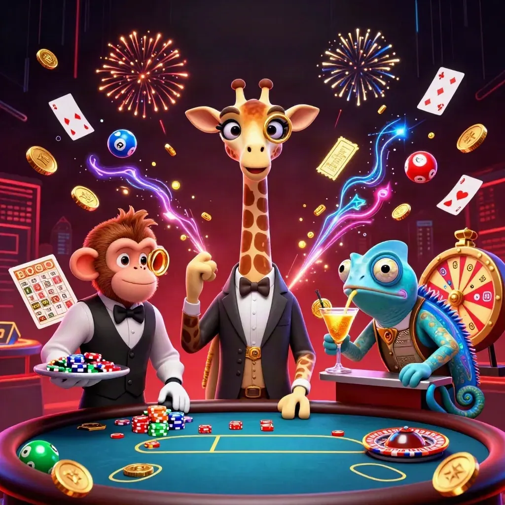Giraffe high roller, monkey valet, and chameleon bartender amid coins, lights, and casino chaos.