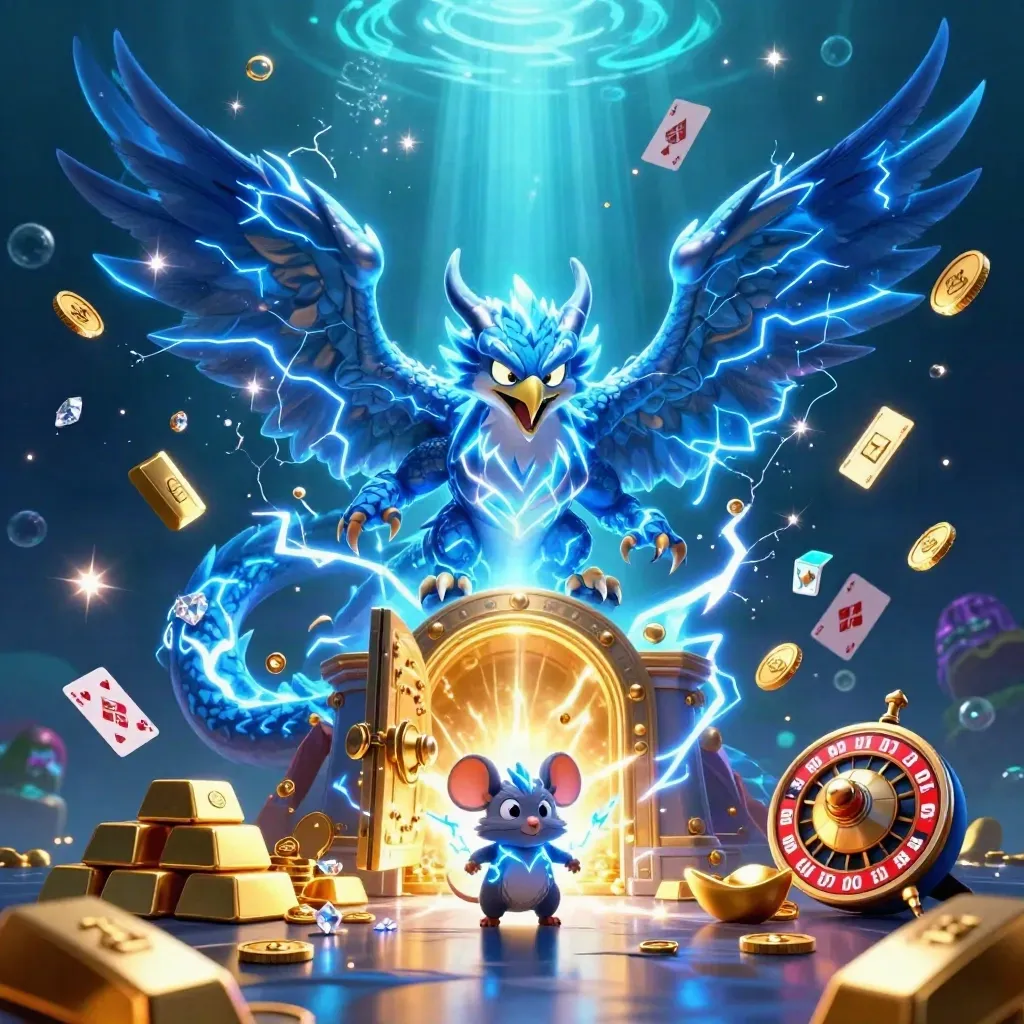 Dragon, hawk, and mouse erupt from a vault amid gold, lightning, coins, and underwater glow.