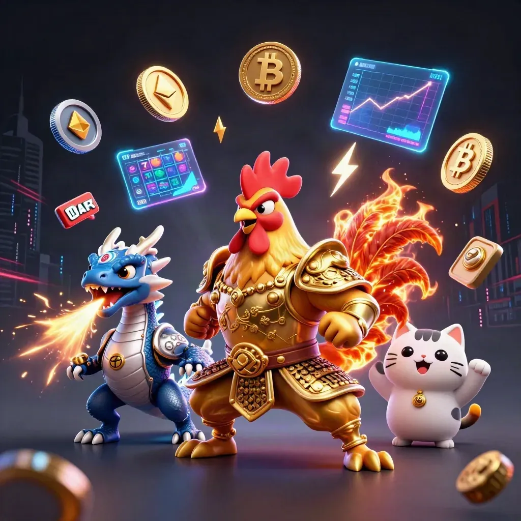 Blue-lit rooster warrior, dragon hatchling and fortune cat amid casino coins and neon sparks.