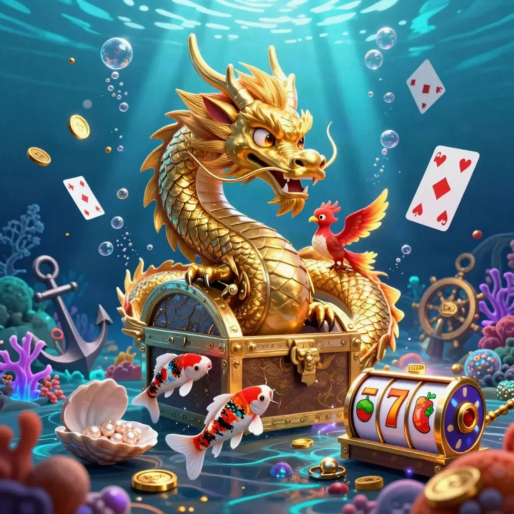 Golden dragon, red phoenix, and koi around a treasure chest in a glowing underwater casino scene.