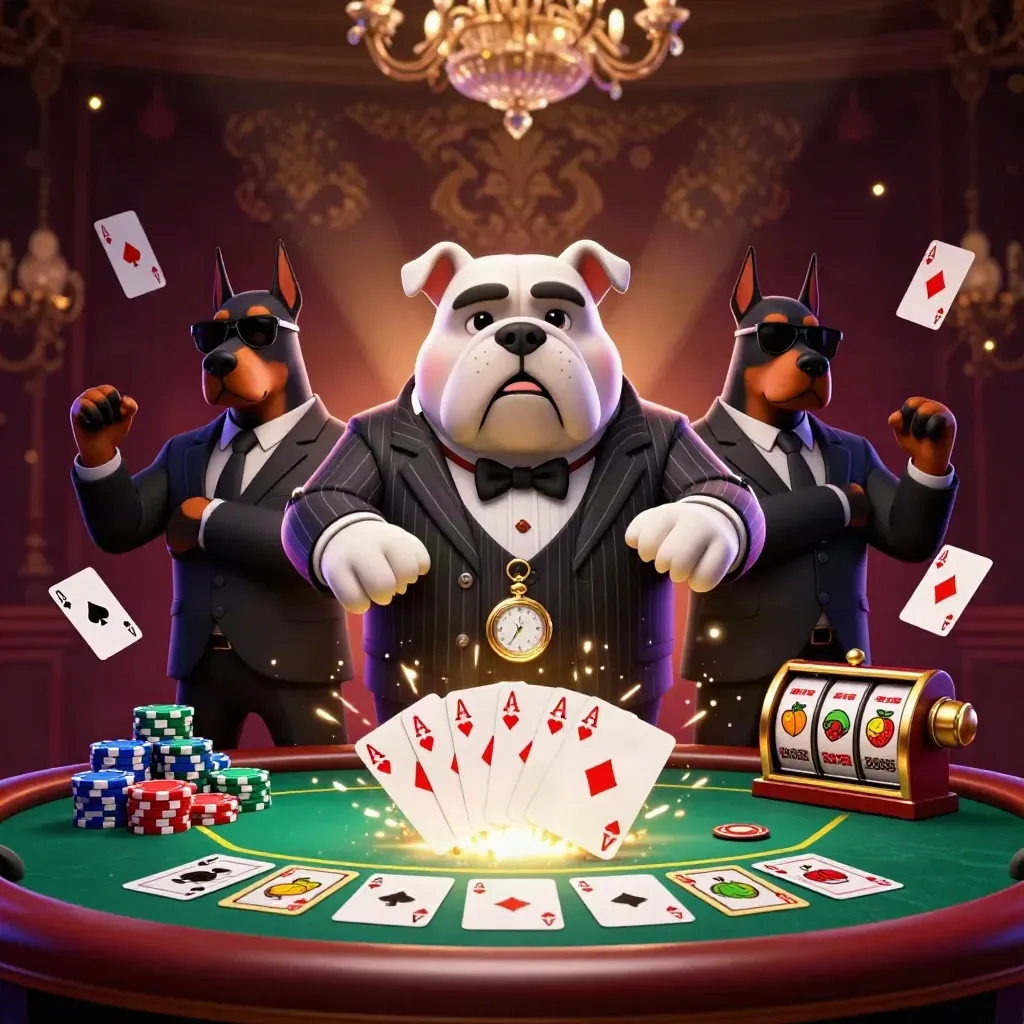 Bulldog mob boss with two Dobermans amid casino chips, cards, reels and blue glow.