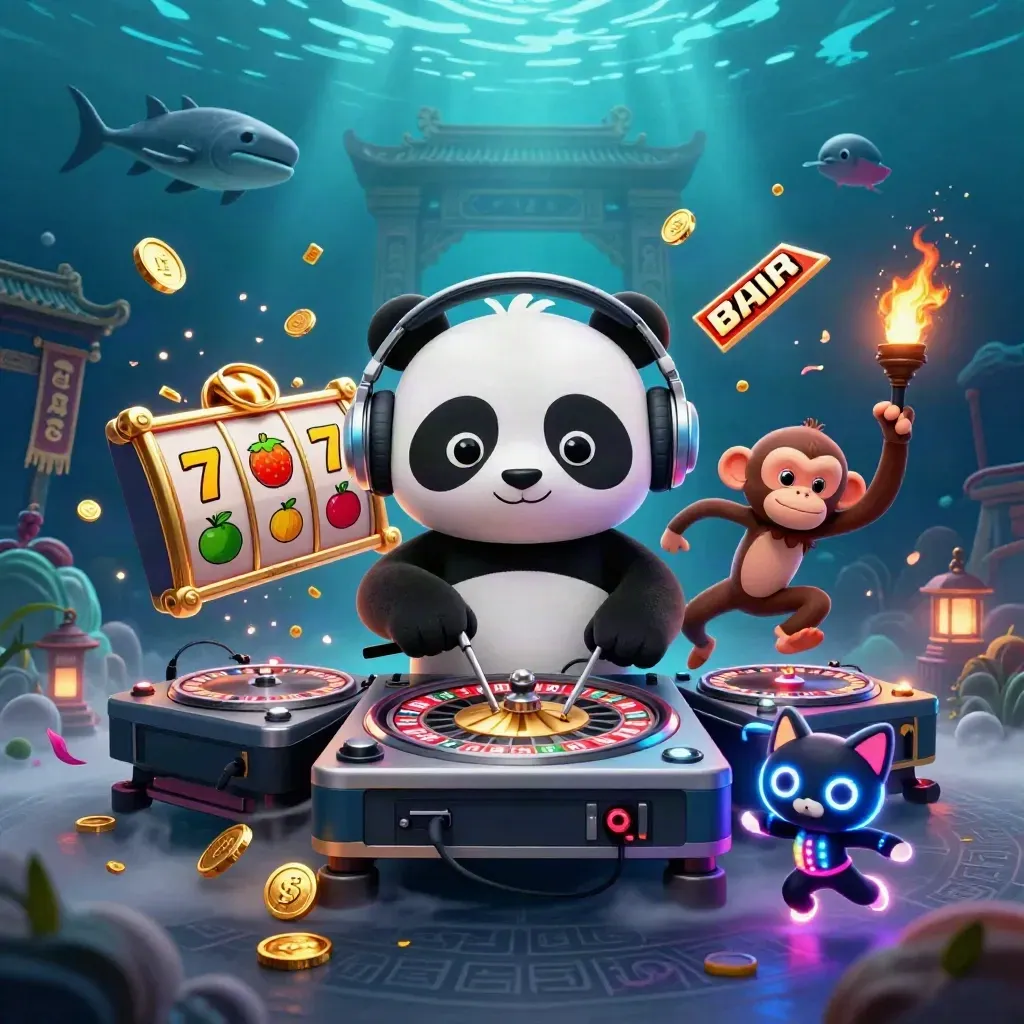 DJ panda, breakdancing monkey and rave kitten amid casino relics in dark blue underwater glow.