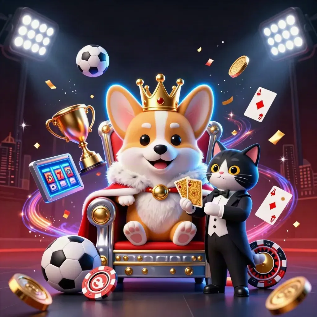 Crowned corgi and cat butler on poker-chip throne amid coins, balls, sparks and blue neon.