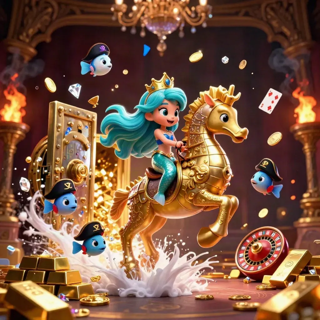 Mermaid princess rides a golden seahorse amid treasure, fish, gems, and casino symbols.