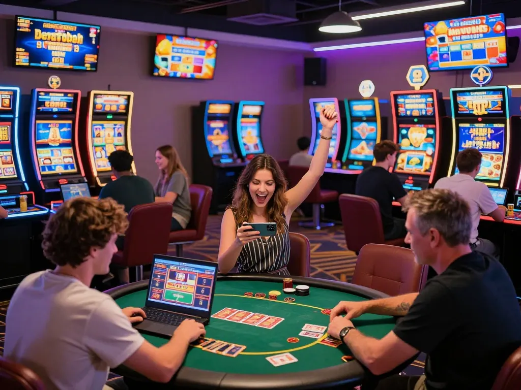 Players enjoying a dynamic gaming experience at Sun Win's virtual casino, highlighting slot machines and interactive games.