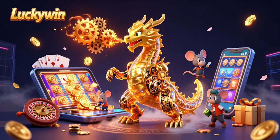 Engage with Luckywin's vibrant casino world through a golden dragon and interactive slot games.